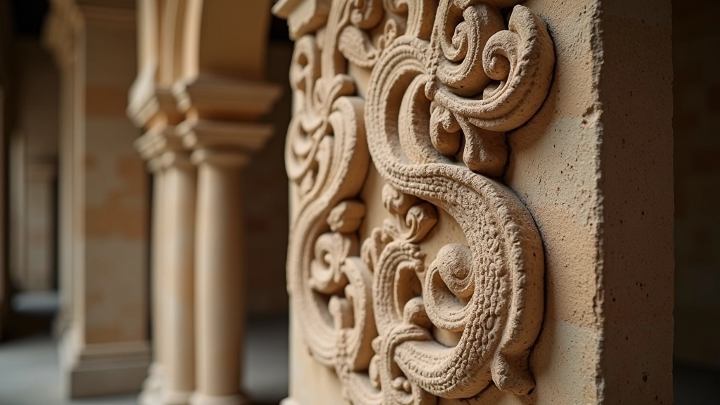 Detalhes de arquitetura medieval portuguesa com esculturas em pedra e elementos decorativos