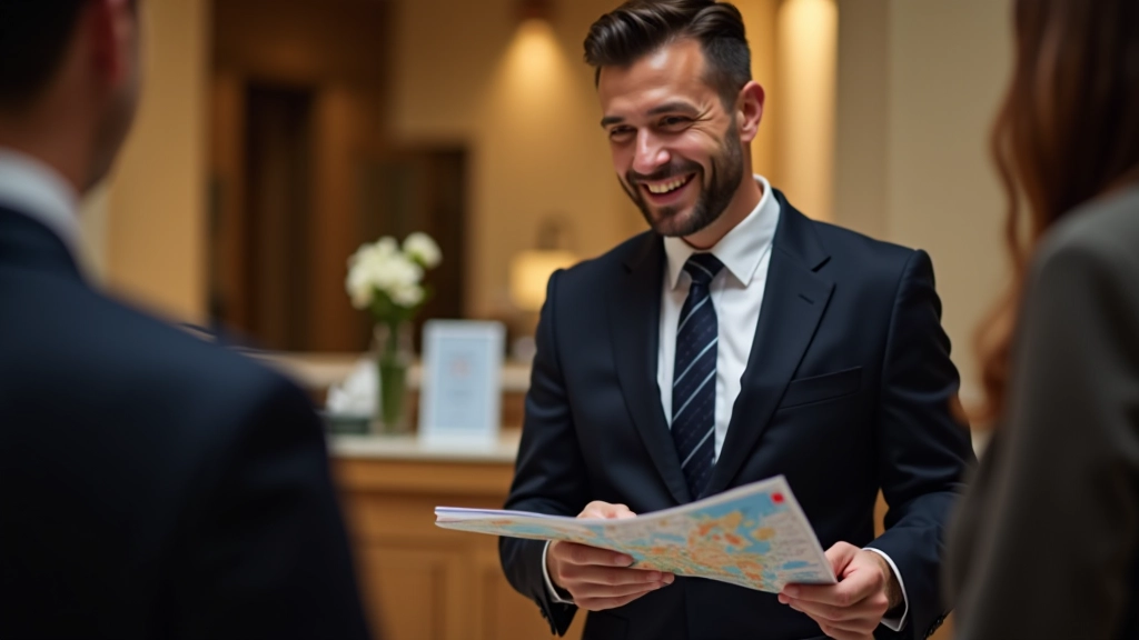 Concierge de hotel consultando com hóspede sobre recomendações de restaurantes locais com mapa e guia turístico