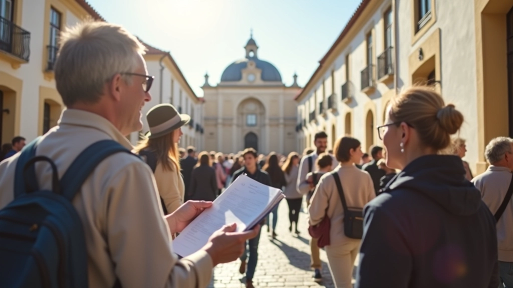 Guia turístico a explicar monumento histórico português a grupo de turistas