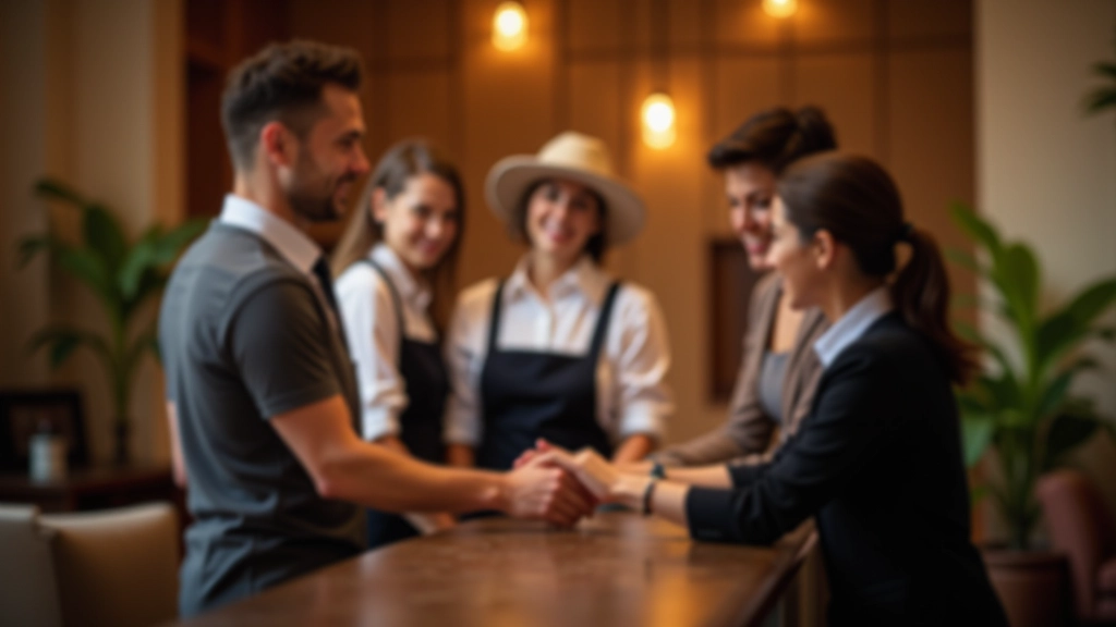Profissional de hotelaria interagindo com hóspede em receção de hotel
