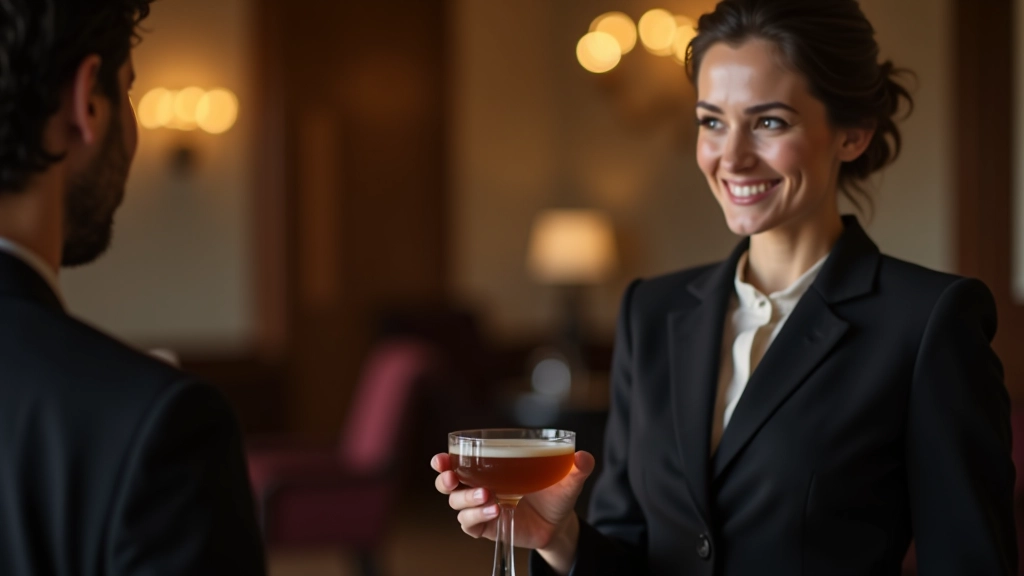 Gerente de hotelaria oferecendo bebida complementar a hóspede como gesto de compensação por problema resolvido