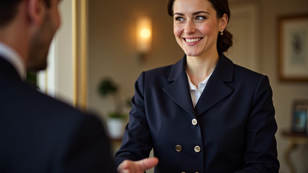 Gerente de hotel em uniforme formal recebendo hóspede com sorriso genuíno e aperto de mão na receção