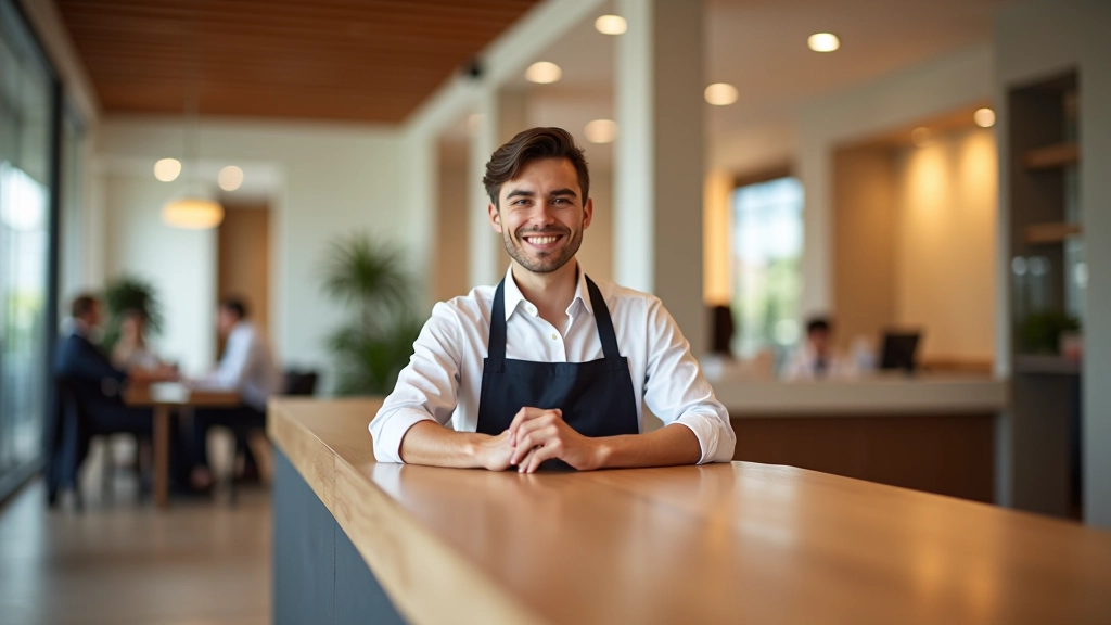 Receção moderna de hotel com funcionário a cumprimentar hóspede em inglês, ambiente profissional e acolhedor, iluminação natural