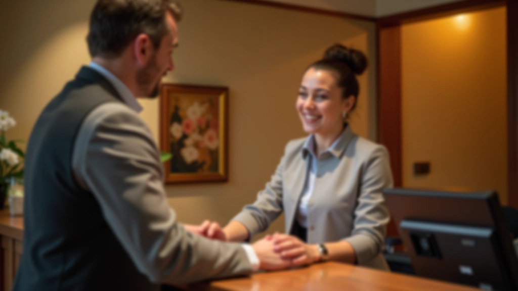 Recepcionista ajudando hóspede internacional