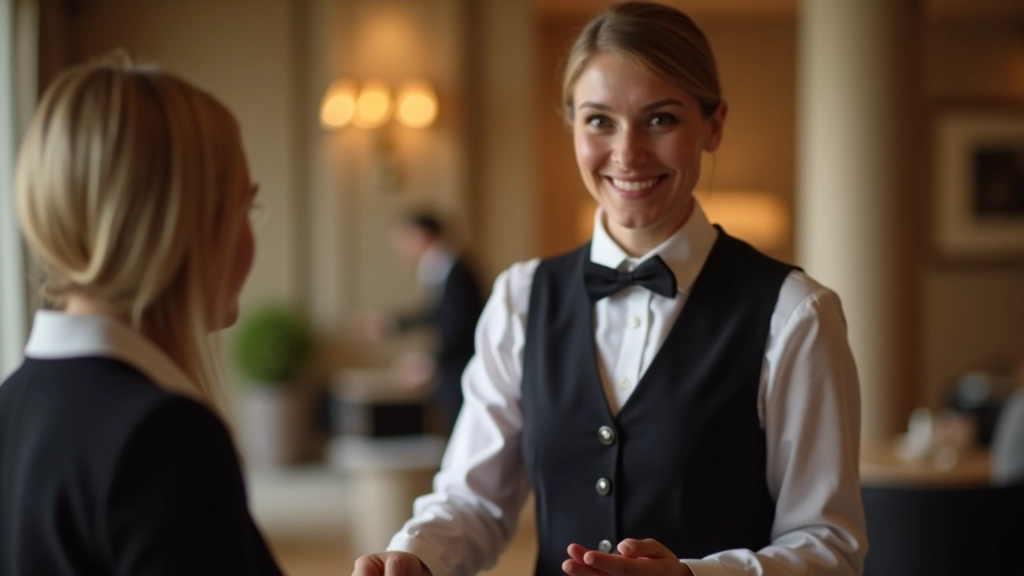 Funcionário de hotel prestando serviço exemplar a cliente, sorriso genuíno, ambiente de luxo profissional