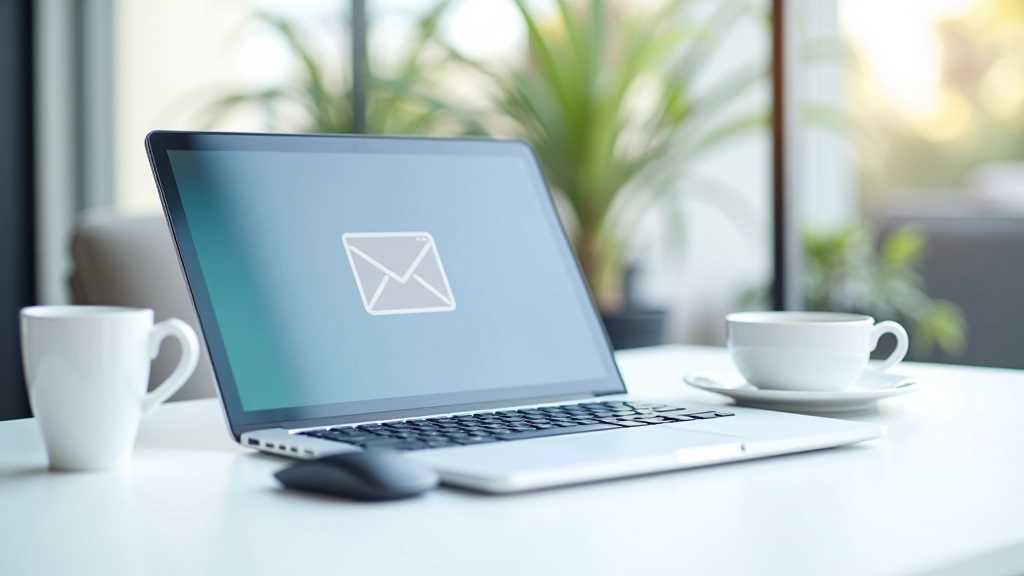 Computador de receção mostrando tela de email de confirmação, teclado profissional, xícara de café na mesa, interface clara e organizada