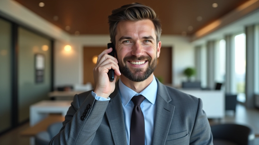 Funcionário de receção a falar ao telefone com sorriso profissional, auscultador na mão, computador com dados visíveis, ambiente luminoso e organizado