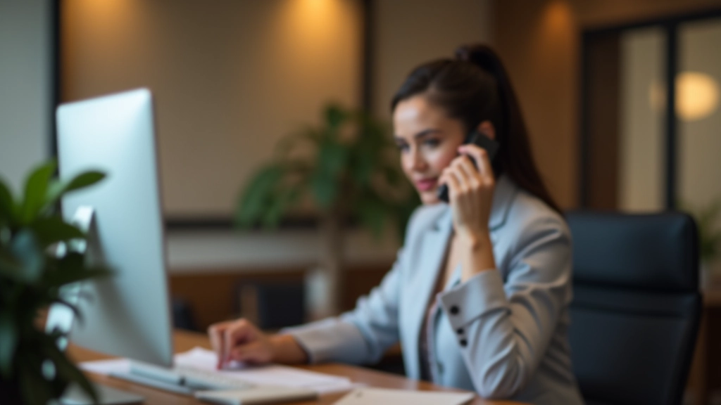 Profissional de receção hoteleira confirmando reserva por telefone com hóspede, escritório moderno com computador e documentos, iluminação profissional