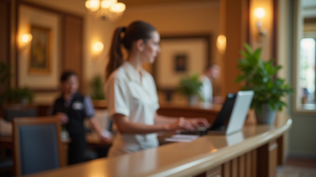 Recepcionista de hotel atendendo hóspede com profissionalismo em ambiente luxuoso de receção