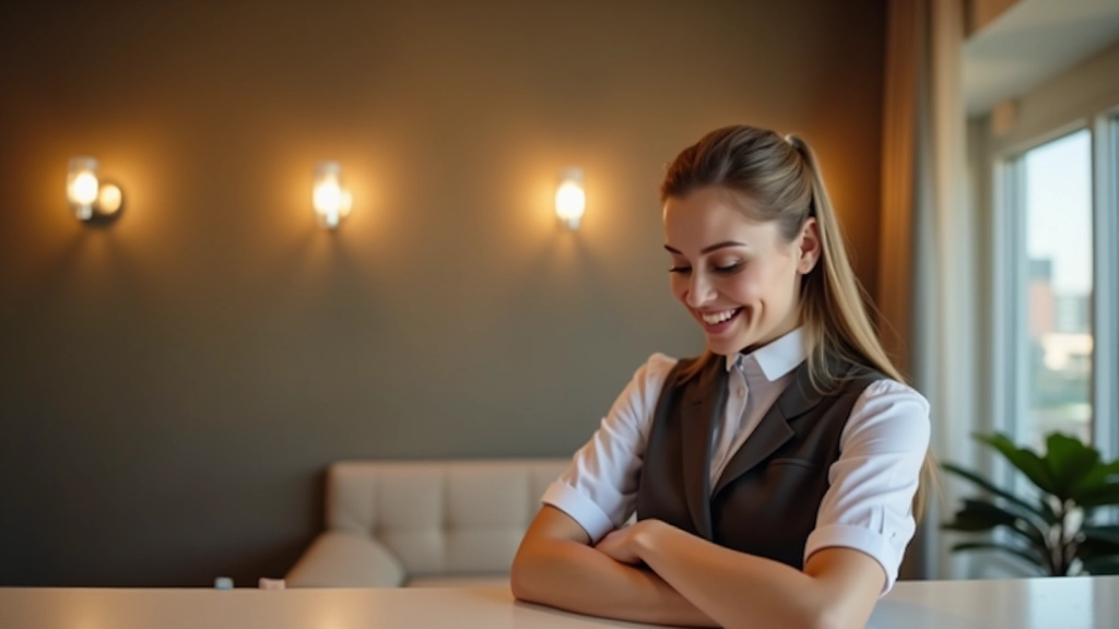 Recepcionista em hotel moderno a cumprimentar hóspedes com profissionalismo e cortesia