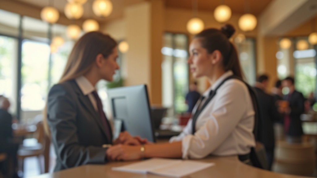 Recepcionista em uniforme de hotel durante check-in de hóspede