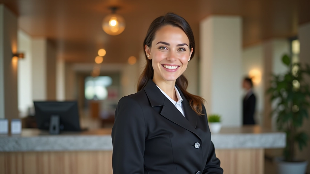 Recepção de hotel moderno com atendente sorridente em uniforme profissional atendendo hóspede internacional
