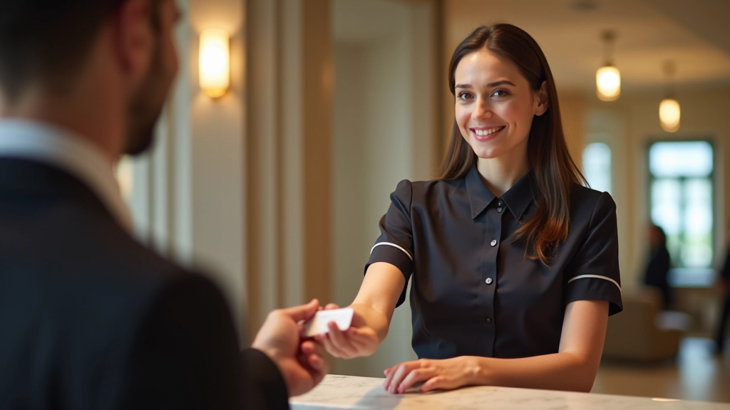 Recepcionista entregando chave do quarto com gesto amigável e profissional a hóspede sorridente