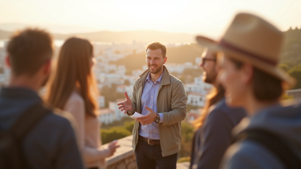 Guia turístico conversando com grupo de visitantes internacionais em frente a vista panorâmica de Lisboa