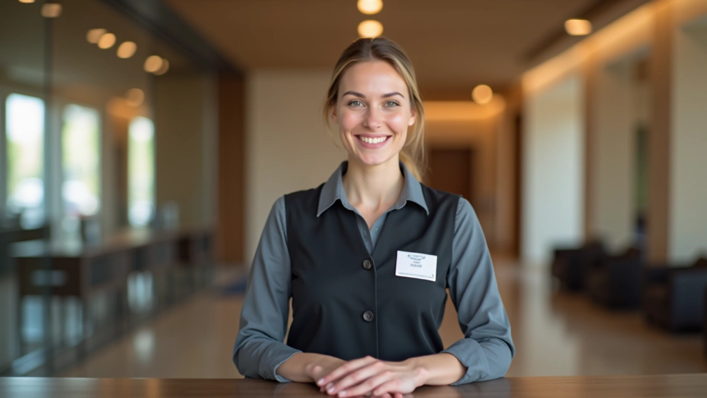 Funcionária de receção hoteleira em uniforme profissional, atendendo cliente ao balcão, ambiente hoteleiro acolhedor