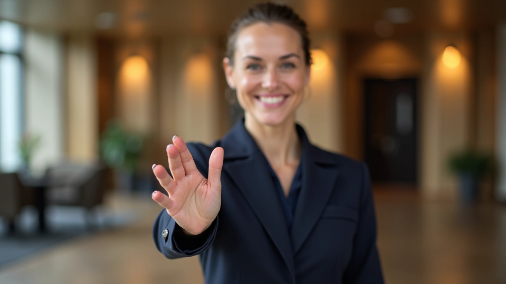 Recepcionista profissional em sorriso caloroso durante cumprimento a hóspede no balcão do hotel